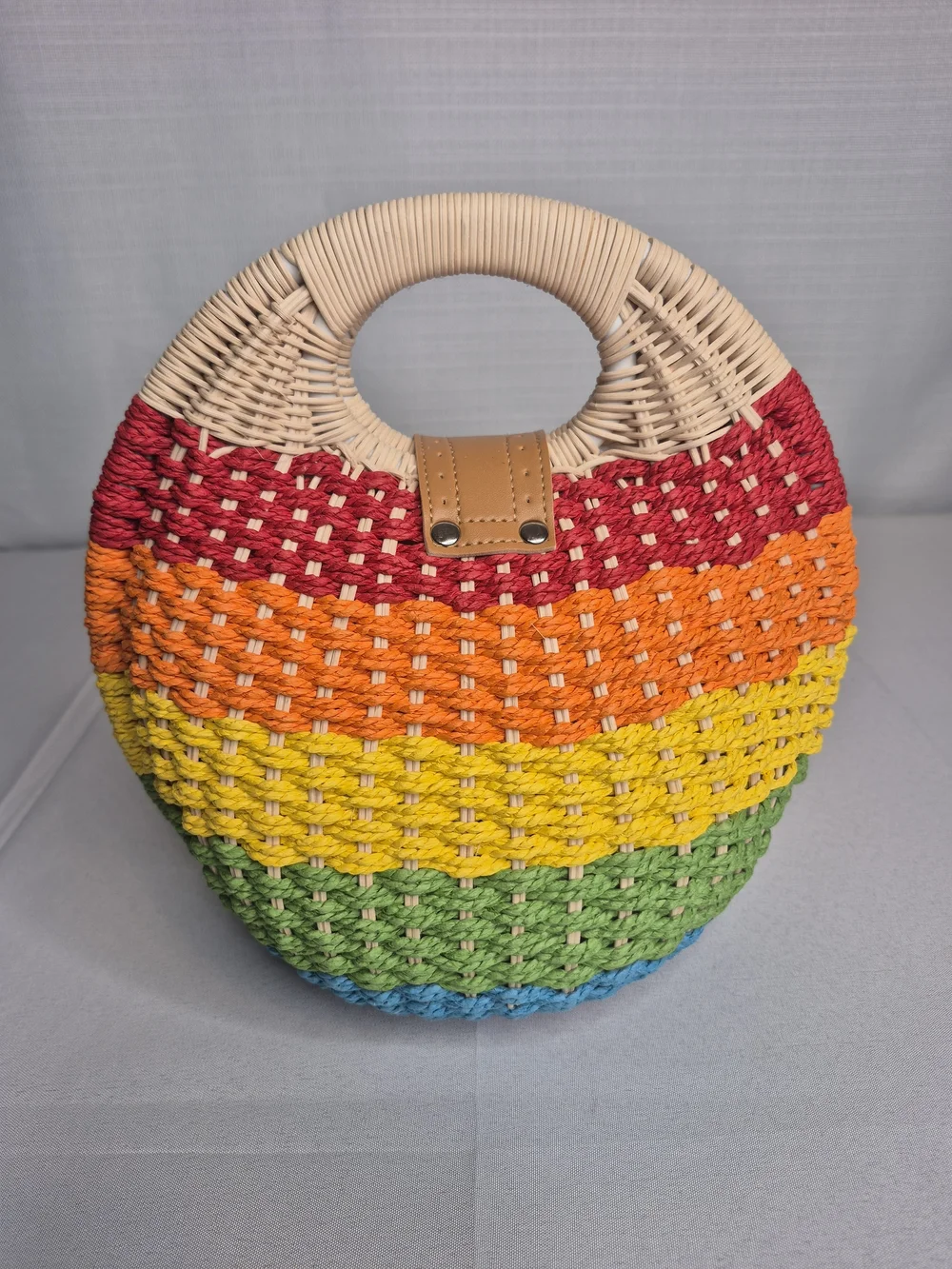 Rainbow Woven Round Tote Bag with Tan Accent NWT